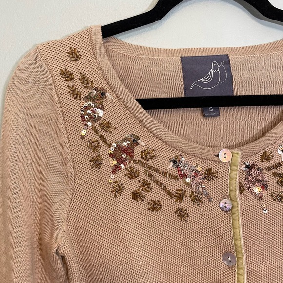 Knitted Dove Tan Sequin Embellished Long Sleeve Button Up Cardigan Sweater Small - Picture 3 of 9